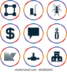 shadow icons set. Set of 9 shadow filled icons such as field, ant, pliers, cart cargo, chat, building, dollar