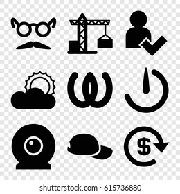Shadow icons set. set of 9 shadow filled icons such as construction crane, mustache and glasses, sun, stopwatch camera, web camera, add user, dollar, baseball cap