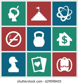 Shadow icons set. set of 9 shadow filled icons such as brain surgery, pyramid flag, bank, playing card, chess horse, backpack, network connection, kettle bell