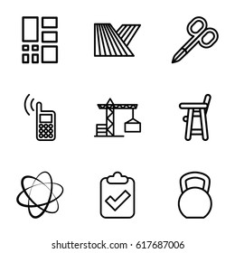 Shadow icons set. set of 9 shadow outline icons such as field, construction crane, baby chair, manicure scissors, grid, phone, clipboard with tick, network connection