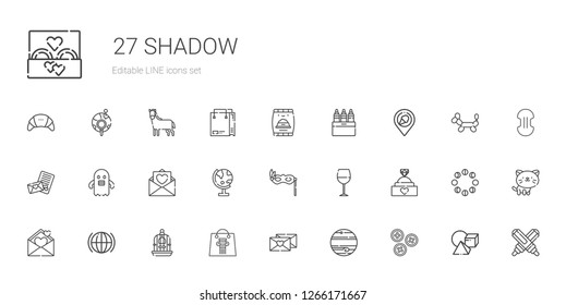 shadow icons set. Collection of shadow with buttons, jupiter, love letter, shopping bag, bird cage, global, engagement ring, wine glass, eye mask. Editable and scalable shadow icons.