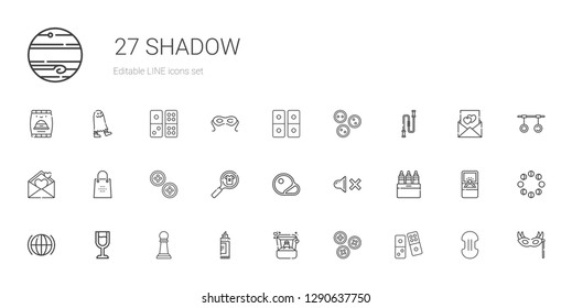 shadow icons set. Collection of shadow with domino, buttons, ring, marker, pawn, wine glass, global, markers, mute, steaks, product, shopping bag. Editable and scalable shadow icons.