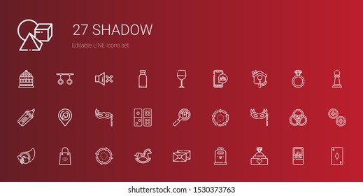 shadow icons set. Collection of shadow with engagement ring, paper bin, love letter, horse, repeat, shopping bag, cornucopia, eye mask, product. Editable and scalable shadow icons.