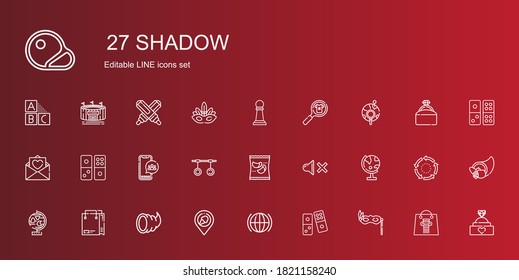 Schattensymbole gesetzt. Kollektion von Schatten mit Augenmaske, Domino, global, Ort, Cornucopia, Einkaufstasche, Globus, Schlamm, Produkte, Ringe, soziale Medien. Bearbeitbare und skalierbare Schattensymbole.