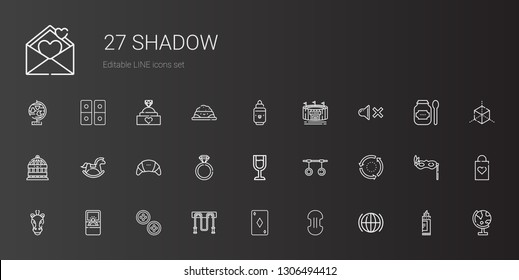 shadow icons set. Collection of shadow with global, compress, ace of diamonds, jumping rope, buttons, engagement ring, horse, repeat, rings. Editable and scalable shadow icons.