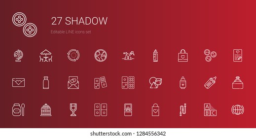 shadow icons set. Collection of shadow with jumping rope, shopping bag, engagement ring, domino, wine glass, bird cage, products, marker, cubes. Editable and scalable shadow icons.