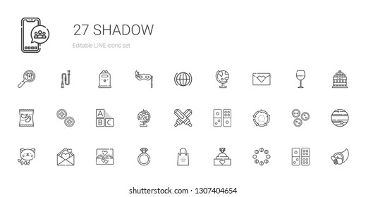 shadow icons set. Collection of shadow with moon phases, engagement ring, shopping bag, wedding ring, love letter, cat, repeat, domino, marker. Editable and scalable shadow icons.