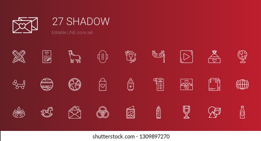 shadow icons set. Collection of shadow with wine glass, marker, love letter, rings, horse, eye mask, wedding ring, shopping list, shopping bag. Editable and scalable shadow icons.