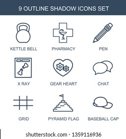 shadow icons. Trendy 9 shadow icons. Contain icons such as kettle bell, pharmacy, pen, x ray, gear heart, chat, grid, pyramid flag, baseball cap. shadow icon for web and mobile.