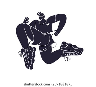 Shadow of jogger runs fast in marathon. Abstract runner jogging, does cardio training, workout. Black silhouette of sportsman rushing, reaching to win. Flat isolated vector illustration on white