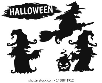 The shadow of a lazy witch is riding a broom. Vector background on Halloween.