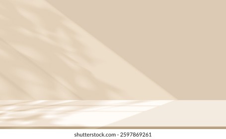 Shadow leave, light on brown studio background wall room and cream podium stage for product,Autumn beige  backdrop banner with sunlight on floor texture,Interior Kitchen with blur gradient,Fall season