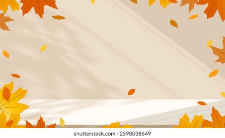 Shadow leave, light on brown studio background wall room and cream podium stage for product,Autumn beige backdrop banner and maple leaf on floor texture,Interior Kitchen with blur gradient,Fall season