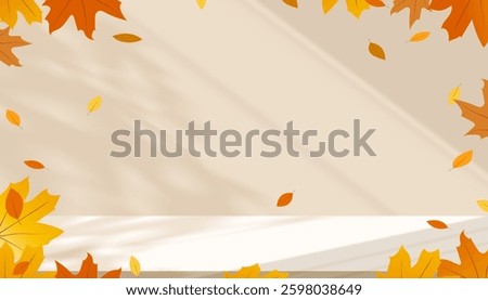 Shadow leave, light on brown studio background wall room and cream podium stage for product,Autumn beige backdrop banner and maple leaf on floor texture,Interior Kitchen with blur gradient,Fall season