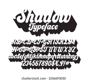 Shadow lettering font. Cursive typeface.  Vector alphabet.