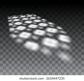 Shadow light on the floor vector illustration. Soft sun light from window or gate Islamic Ramadan decorative arch frame with oriental pattern. Realistic blind blur effect on transparent background