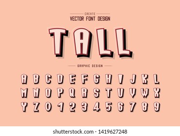 Shadow and line Cartoon font vector, Alphabet tall typeface letter and number design, Graphic text on background