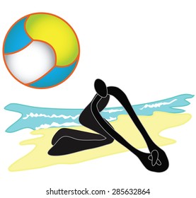 Shadow man playing Beach Volleyball in which a large ball is hit by hand over a high net, the aim being to score points by making the ball reach the ground on the sand beach
