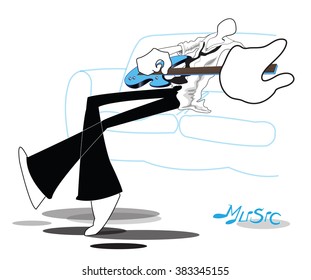 Shadow Man playing guitar relax after work on sofa in room, cartoon acting logo, symbol and illustration art work design.