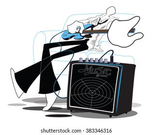 Shadow Man playing guitar relax after work cartoon acting logo, symbol and illustration art work design about the Guitar Amplifier you can change your product and logo for advertise.