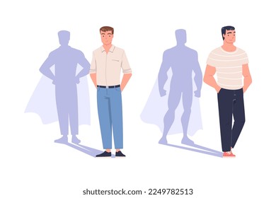 Shadow of Man Superhero Character Standing and Smiling Vector Set