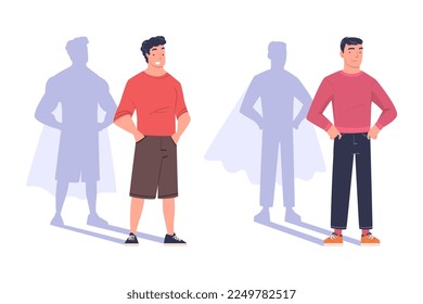 Sombra del hombre de pie de personajes de superhéroes y juego de vectores sonrientes