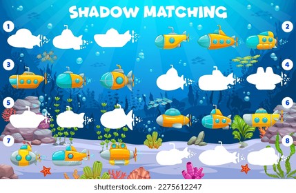 Shadow match cartoon underwater submarine and bathyscaphe. Kids vector game worksheet with cartoon sub boats in ocean. Children logic puzzle, preschool or kindergarten education brainteaser activity