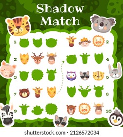 Shadow match game with cartoon animals. Kids education riddle game. Find suitable silhouette vector task with funny koala, deer, giraffe and cow or bull, raccoon, pig and lion with monkey or hare
