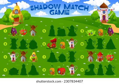 Shadow match game. Cartoon fairytale house buildings. Shadow match kids puzzle, silhouette find vector worksheet with eggplant, strawberry, windmill and watering can, pear, pineapple fantasy dwelling