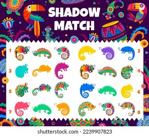 Juego de sombras. Caricatura de lagartijas de camaleón mexicano, reptiles de la selva brasileña o mexicana, graciosas siluetas de animales coloridos en niños que hacen juego a juego, puzzle de niños o comparación de imágenes hoja de trabajo de prueba vector