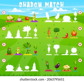 Shadow Match Game, Cartoon Vegetable Characters On Yoga Fitness, Vector Kids Tabletop Riddle. Find And Match Correct Silhouette Of Spinach, Carrot And Cucumber On Sport Training Or Yoga Exercise