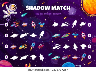 Shadow match game. Find the shadow of rocket, ufo and spaceships. Vector kids worksheet with cartoon spacecraft silhouettes. Children activity, preschool education, riddle for logical mind development