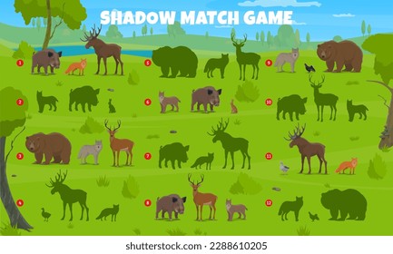 Schattenspiel. Finden Sie ähnliche Silhouette von Waldtieren und Vögeln. Vektorspiel, Rätsel-Arbeitsblatt mit Wolf, Eber, Bär und Hirsch, Fuchs, Hase, Elch oder Luchs und Enten-Wildtierarten auf grünem Rasen