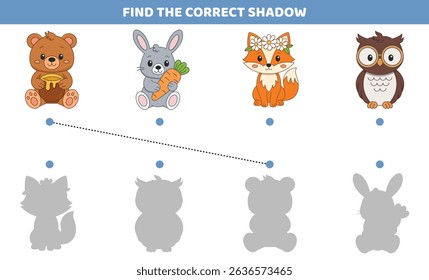 Shadow match game with forest animals. Fun educational worksheet where children match each animal to its correct shadow. Great for early learning, logic development, and visual association