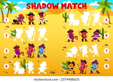 Shadow match game. Vitamins and micronutrient pirates and corsair characters. Silhouette matching game, comparing quiz vector worksheet with Zn, Cu, P and Fe, Ca, K pirates cute personages on beach