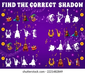 Shadow match game, wizard and fairy musical instrument characters, vector sound music waves. Find correct shadow, kids puzzle game with cartoon violin sorcerer, trumpet magician and drum warlock