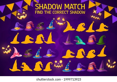 Shadow match game wizard and witch hats. Vector worksheet with halloween magician caps. Find correct silhouette children task with cartoon magic headwear and spooky ghosts faces, kids learning riddle