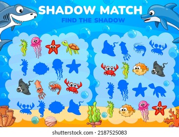 Shadow match game worksheet of cartoon funny underwater animals and fish. Vector kids puzzle game and matching riddle with task of find and connect cute crab, prawn, squid, sea turtle and jellyfish