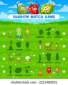 Shadow match game worksheet, cartoon vegetables on yoga fitness. Kids vector riddle with bean pod, chinese cabbage, corn or artichoke, kohlrabi, champignon or radish. Potato, bell pepper, olive, onion