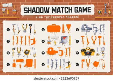 Shadow match game worksheet, cartoon repair, DIY and work tool characters, vector kids quiz. Find and match suitable shadow silhouette of funny hammer, toolbox and screwdriver, carpentry plane and saw