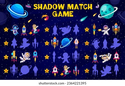 Shadow match game worksheet. Cartoon space planets, spaceship, alien and astronaut characters. Shadow match riddle vector page with kid and alien astronaut funny personages, rocket starship and planet