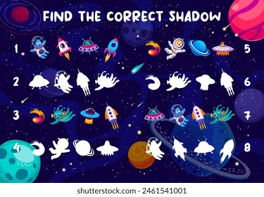 Shadow match game worksheet with UFO and space rocket, alien and spaceship, vector quiz. Kids game to find correct shadow or silhouette of astronaut spaceman and spaceship, planet and alien in space