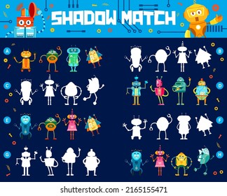 Shadow match kids game worksheet with cartoon funny robots, vector puzzle. Find correct shadow or guess similar silhouette of toy robots, alien cyborgs and mechanic transformer droids