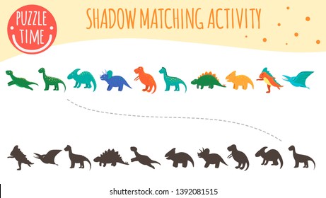 Shadow matching activity for children. Dinosaur topic. Cute funny smiling dinos.