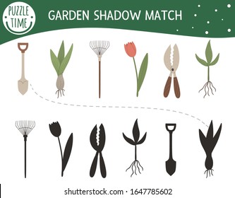 Shadow matching activity for children with garden tools and young plants. Preschool puzzle with gardening equipment. Cute spring educational riddle. Find the correct silhouette game