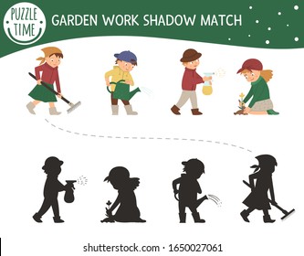 Shadow matching activity with children in the garden. Preschool puzzle with cute characters. Cute spring activities educational riddle. Find the correct silhouette game