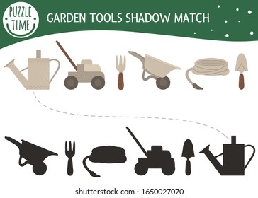 Shadow matching activity for children with garden tools. Preschool puzzle with gardening equipment. Cute spring educational riddle. Find the correct silhouette game