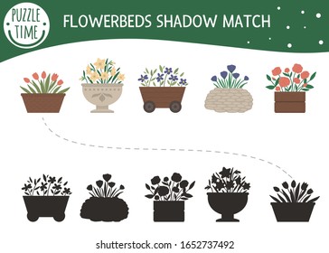 Shadow matching activity for children with garden flowers in flower beds. Preschool puzzle with plants. Cute spring floral educational riddle. Find the correct silhouette game