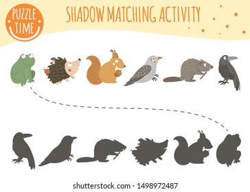 Shadow matching activity for children with woodland animals. Cute funny smiling frog, hedgehog, squirrel, cuckoo, beaver, raven. Find the correct silhouette game.