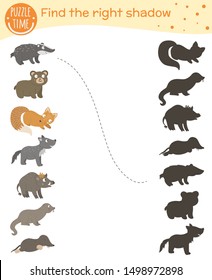 Shadow matching activity for children with woodland animals. Cute funny smiling wolf, bear, fox, badger, mole, otter, wild boar. Find the correct silhouette game.